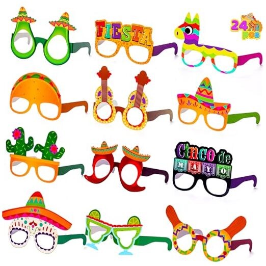 Mexican Fiesta Party Paper Eyeglasses for Cinco de Mayo Party Decorations, 24