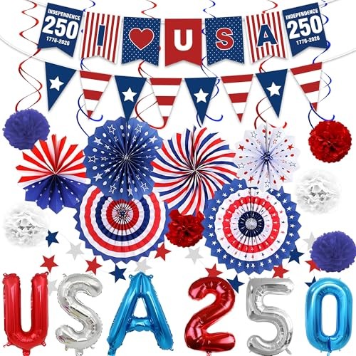 27PCS 250th Anniversary Decorations Set, Patriotic Red White Blue Paper Fans,