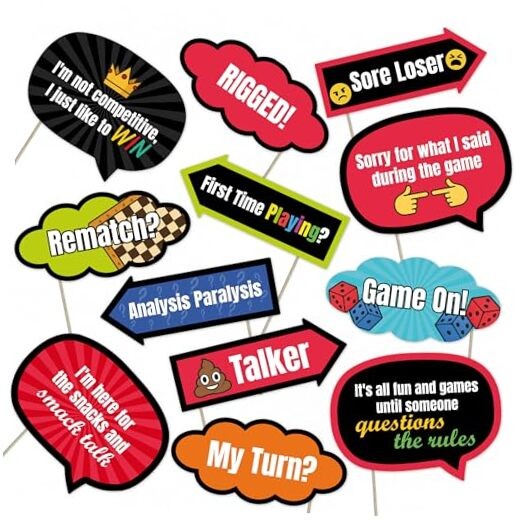 Game Night Photo Booth Props – 12 Funny Party Signs for Board Game Night,