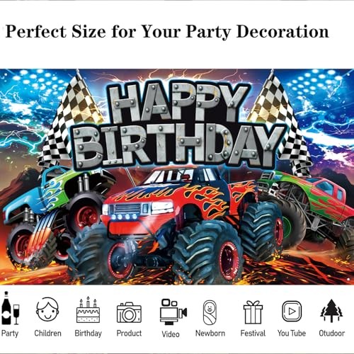 Monster Truck Birthday Backdrop, 5.9×3.6Ft Happy Birthday Banner for Truck