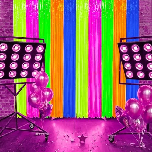 2 Pack Neon Foil Fringe Curtains Glow in The Dark Tinsel Streamers Fluorescent