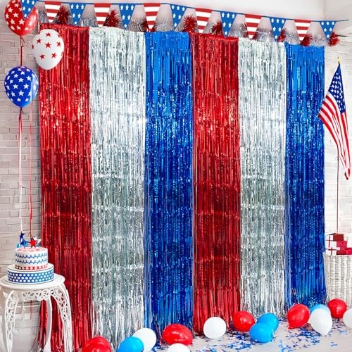 Election Day Decorations, 3 Pack Red White and Blue Tinsel Foil Fringe