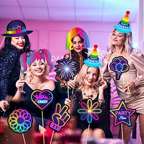 25pcs Glow Neon Photo Booth Props with Stick, Photo Props for Color A- 25pcs