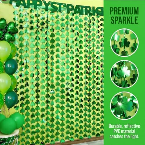 St Patricks Day Decorations, 2 Pack 3.3Ft x 6.6Ft Shamrock Foil Fringe