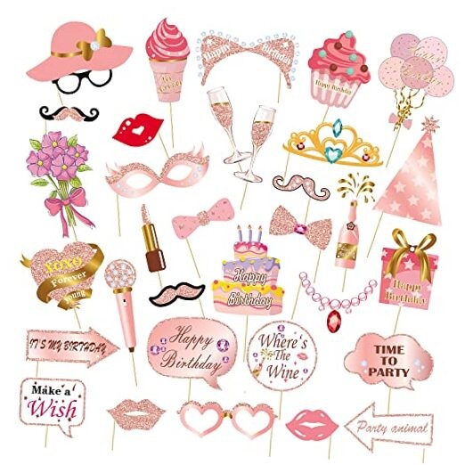 Birthday Decorations, Tumwisk 33PCS Birthday Photo Booth Props, Rose All Ages