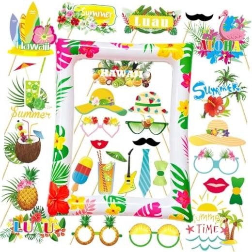 29 PCS Hawaiian Party Photo Booth Props Kit, LMSHOWOWO Inflatable Hawaiian