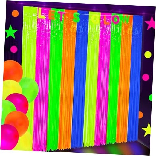 2 Pack Neon Foil Fringe Curtains Glow in The Dark Tinsel Streamers Fluorescent