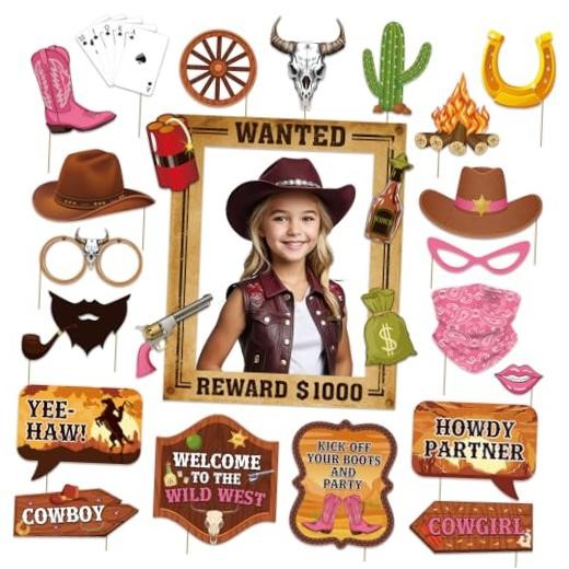 Western Party Decorations, 28 Pcs Western Photo Booth Props with Wanted Poster