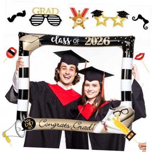Class of 2026 Graduation Photo Booth Props Set, Large Size Black Gold