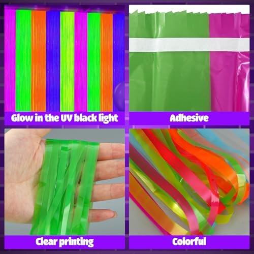 2 Pack Neon Foil Fringe Curtains Glow in The Dark Tinsel Streamers Fluorescent
