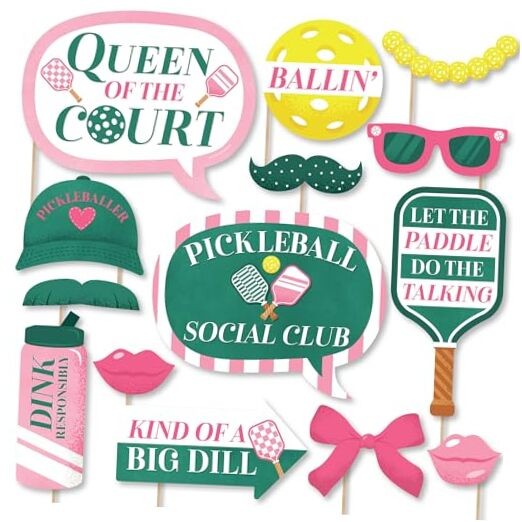 Pickleball Party Photo Booth Props Kit – 20-Piece Birthday Retirement Pink
