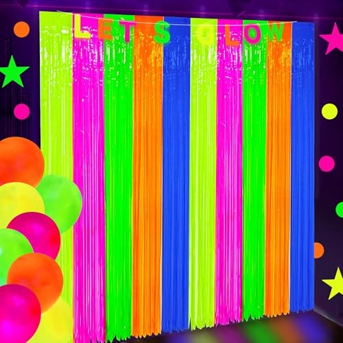 2 Pack Neon Foil Fringe Curtains Glow in The Dark Tinsel Streamers Fluorescent