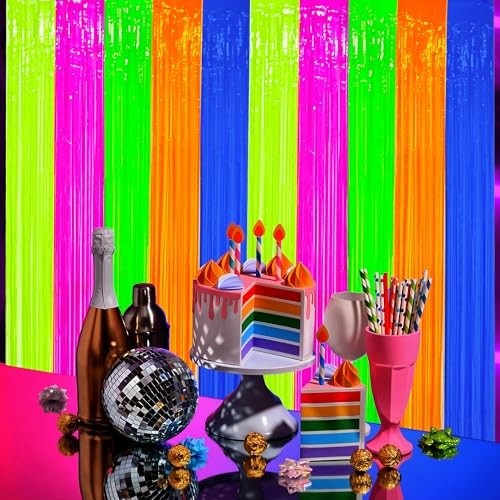 2 Pack Neon Foil Fringe Curtains Glow in The Dark Tinsel Streamers Fluorescent