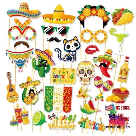 30 Pcs Cinco De Mayo Paper Photo Booth Props, Fiesta Sombrero Hats Cactus