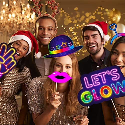 25pcs Glow Neon Photo Booth Props with Stick, Photo Props for Color A- 25pcs