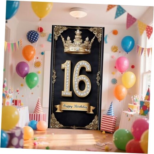 Happy 16st birthday, boys and girls. Golden black crown flag Golden black 16