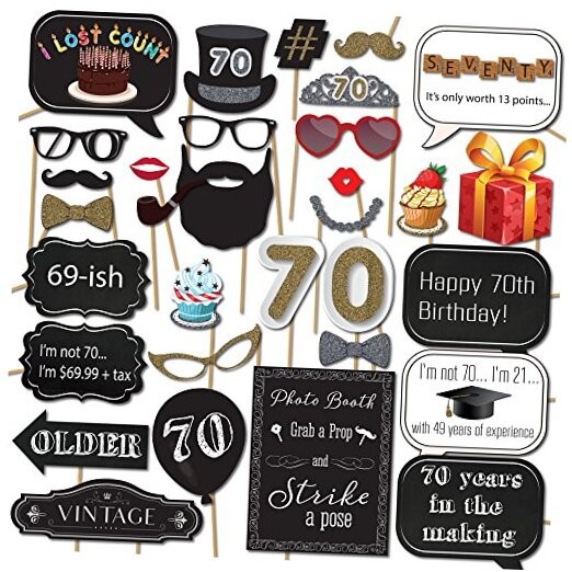 70th Birthday Photo Booth Props – 31-pc Selfie Set With 8 x 10-Inch Sign, 45