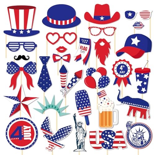30 Pcs 4th of July Photo Booth Selfie Props Kit for Independence Day Party