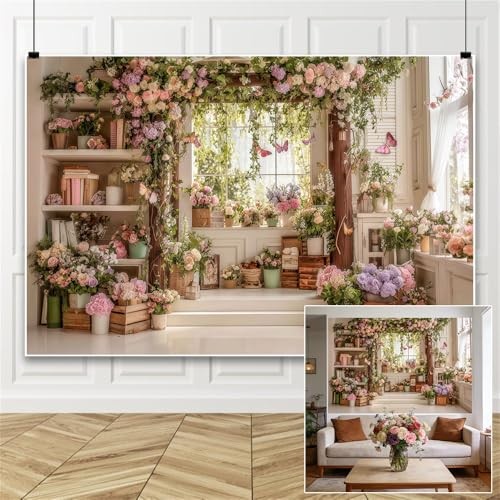 Vintage Flower Room Bookshelf Backdrop Spring Floral Photography 5x3ft