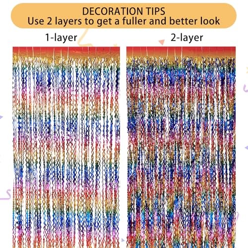 3 Pack Colorful Foil Fringe Curtain Backdrop – 6.6 x 3.3 ft Wavy Tinsel Rainbow