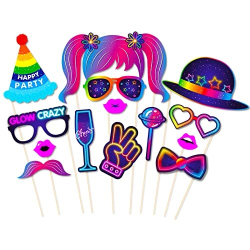 25pcs Glow Neon Photo Booth Props with Stick, Photo Props for Color A- 25pcs