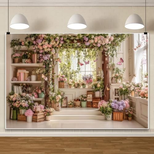 Vintage Flower Room Bookshelf Backdrop Spring Floral Photography 5x3ft