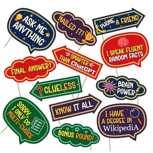 Trivia Night Photo Booth Props – 12 Funny Quiz Signs for Game Night, Bar
