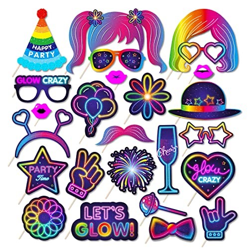25pcs Glow Neon Photo Booth Props with Stick, Photo Props for Color A- 25pcs