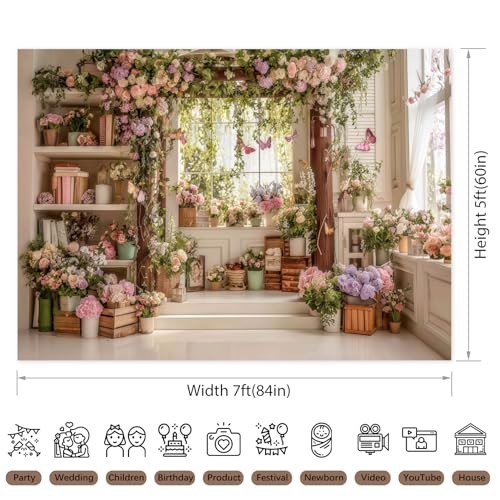 Vintage Flower Room Bookshelf Backdrop Spring Floral Photography 5x3ft