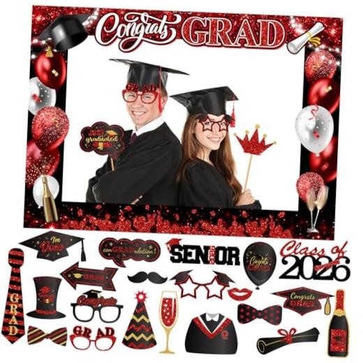 Graduation Photo Booth Props-Class of 2026 Graduation Party Red