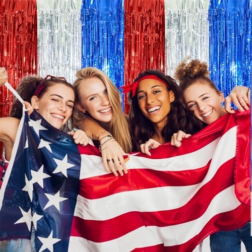 Election Day Decorations, 3 Pack Red White and Blue Tinsel Foil Fringe