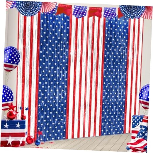 Patriotic America Tinsel Foil Fringe Curtains – 2 Pack Red, White & Blue