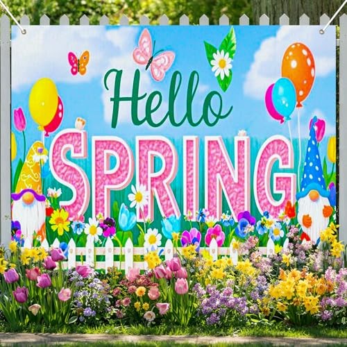 Spring Gnome Backdrop 8x6ft Hello Spring Garden Party Hello Spring Backdrop#02