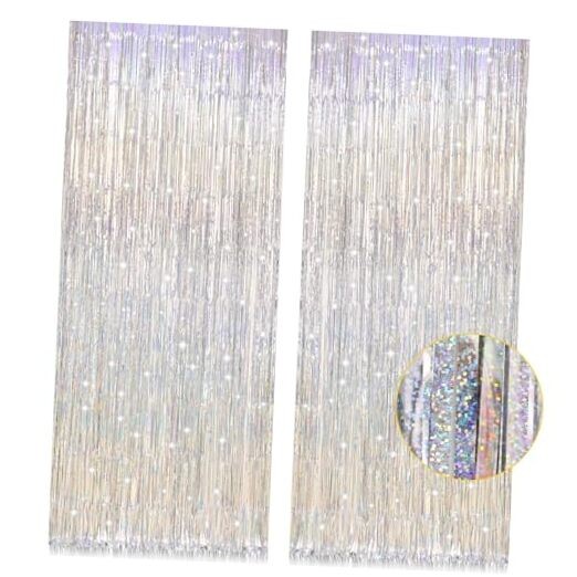 2 Pack 3.2ft x 8.2ft Metallic Tinsel Foil Fringe Curtains, Door Streamer Silver