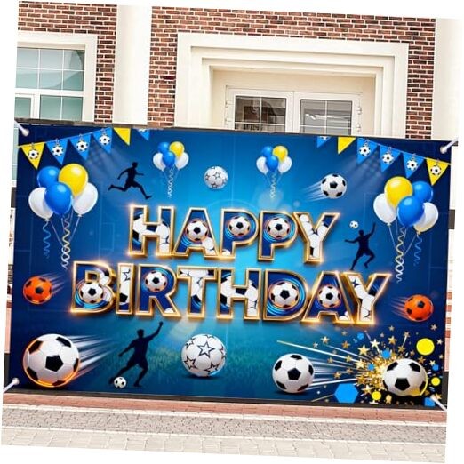 Blue Soccer Themed Happy Birthday Banner, Large Party Decor for Sports Ri50447