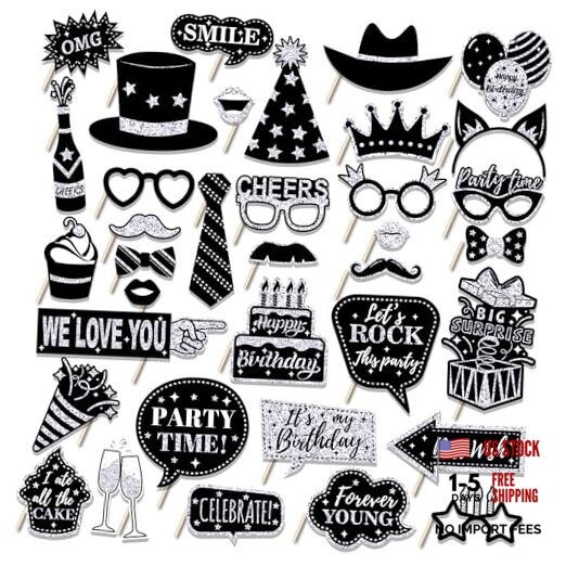 30 Pcs Silver Birthday Photo Booth Props Black Birthday Props 2026 Birthdays