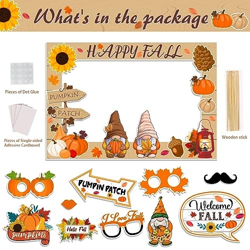 Fall Decor Happy Fall Gnomes Pumpkin Photo Booth Frame and Props for Autumn