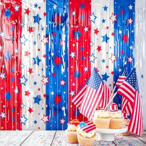 3 Pack 4th of July Decorations 3.3 x 6.6 Ft Patriotic Party Fringe Curtain