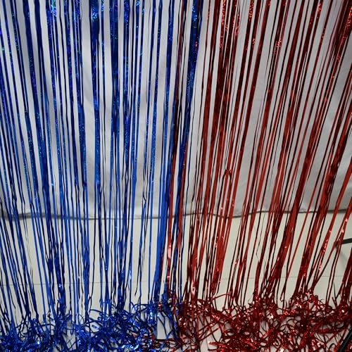 Tinsel Foil Fringe Curtains for 4th of July Decorations | Metallic Red Blue
