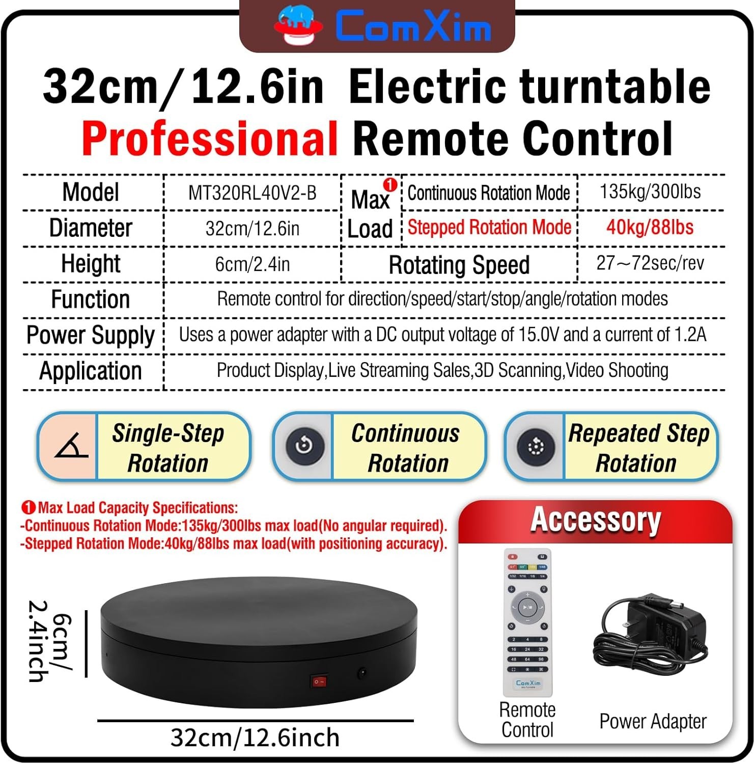 Heavy Duty 12.6″ Motorized Turntable 300lbs Load Remote Control 360° Photography