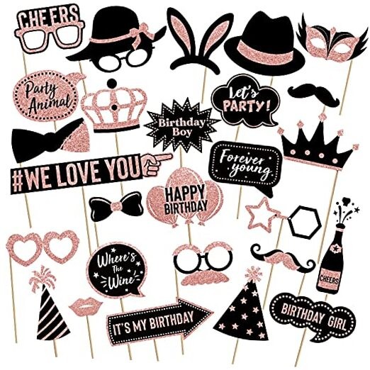 36 Pieces Gold Birthday Photo Booth Props, Large Gold Birthday Black, Rose Gold