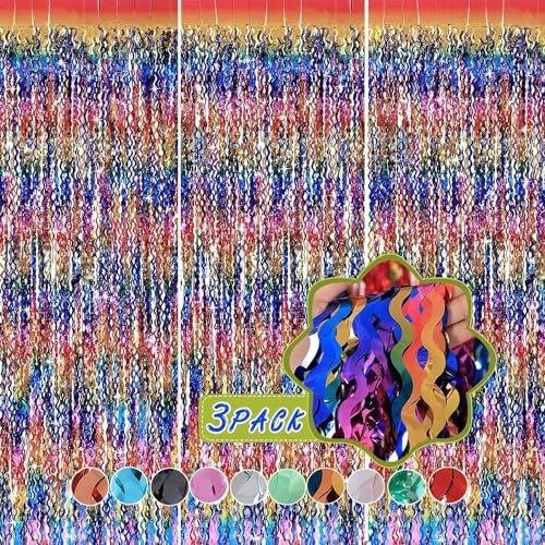 3 Pack Colorful Foil Fringe Curtain Backdrop – 6.6 x 3.3 ft Wavy Tinsel Rainbow