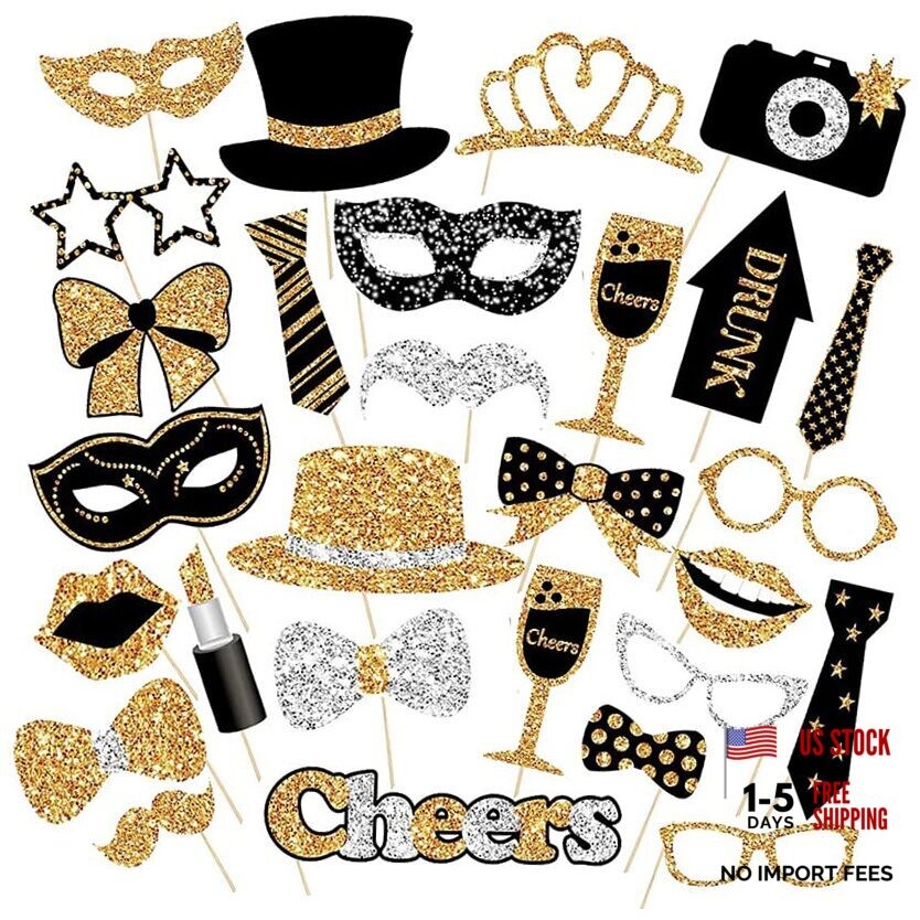 30 Pieces Blacken Photo Booth Props for Birthday Wedding New Year Gold