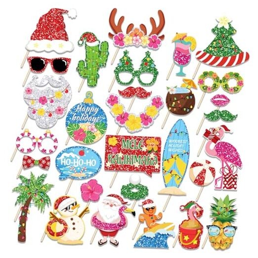 30pcs Hawaiian Christmas Party Photo Booth Props, Summer Merry Christmas Props
