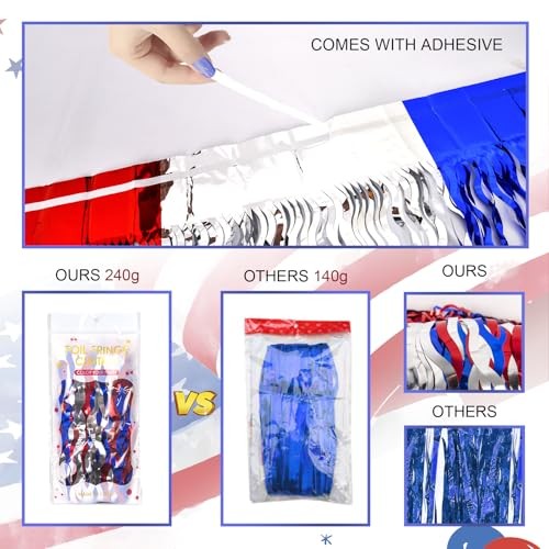 4th of July Decorations,Red White and Blue Wave Tinsel Foil Fringe 3 Pack
