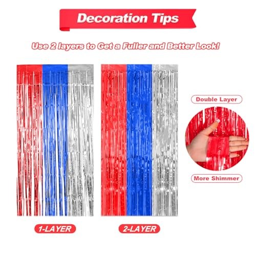 Blue Red Silver Foil Fringe Curtains, 2 Pack Metallic Tinsel Red Blue Silver
