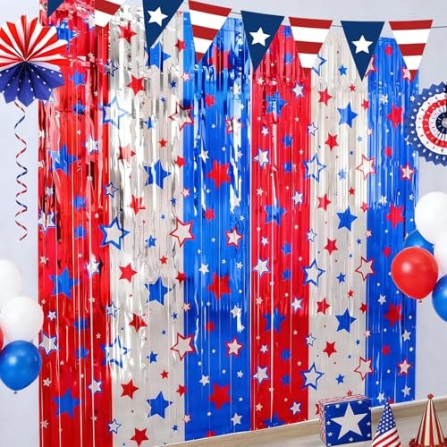 3 Pack 4th of July Decorations 3.3 x 6.6 Ft Patriotic Party Fringe Curtain