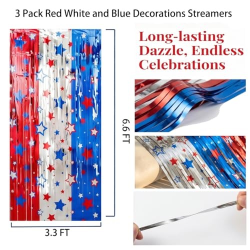 3 Pack 4th of July Decorations 3.3 x 6.6 Ft Patriotic Party Fringe Curtain