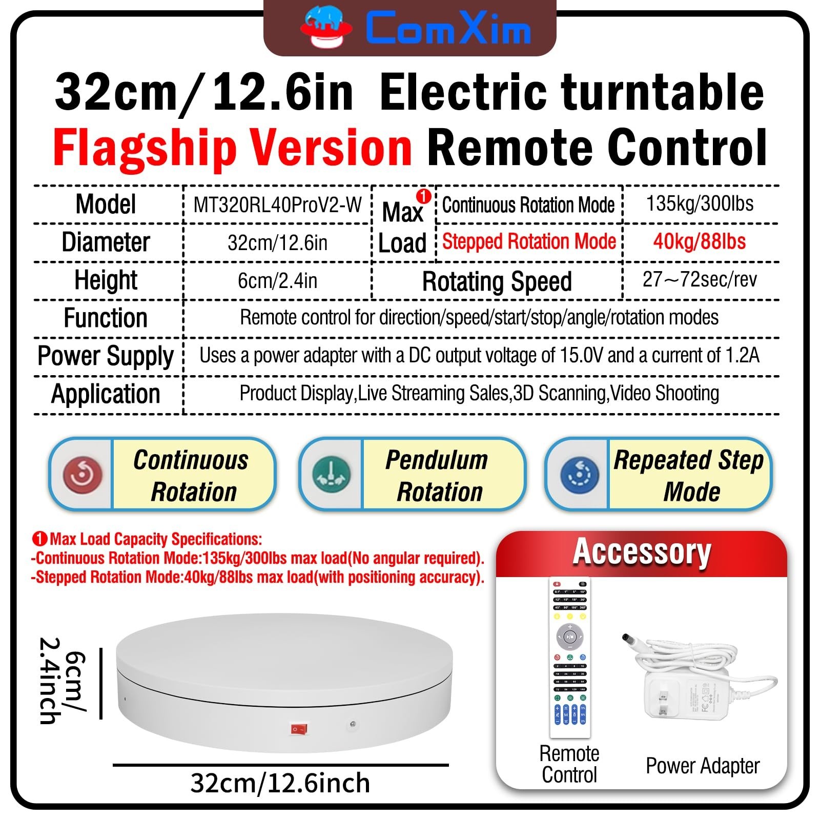 Motorized Electric Turntable 12.6″ Rotating Display Stand for Photography & 3D S