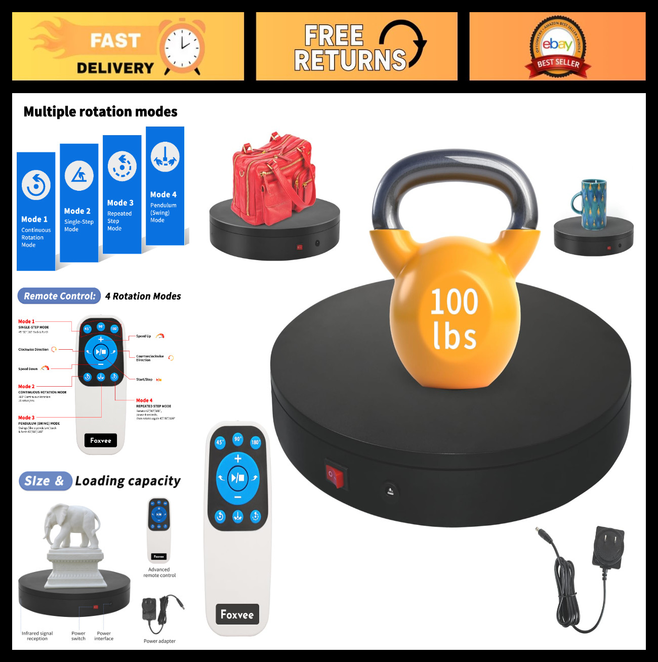 Motorized Rotating Display Turntable – 360° Photography Stand, Speed Adjustable,